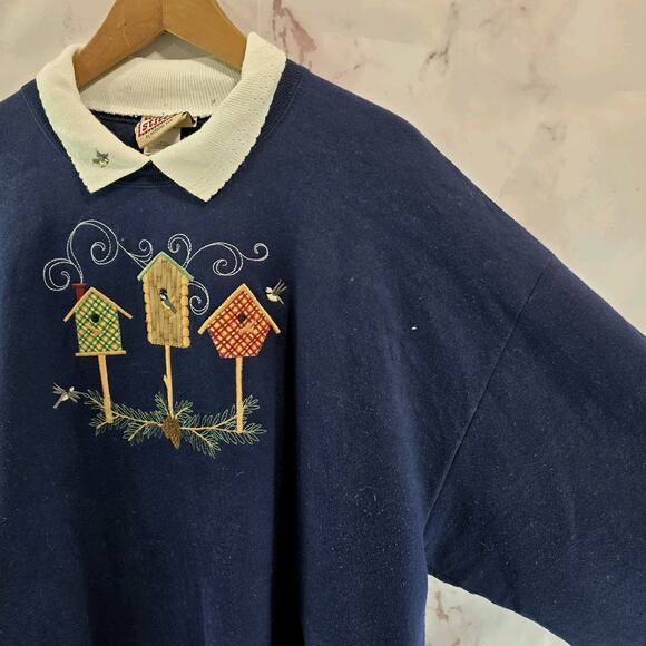 Vintage Sweatshirt Womens XL Navy Double Collar Granny Bird Chickadee Pinecone - Picture 11 of 12